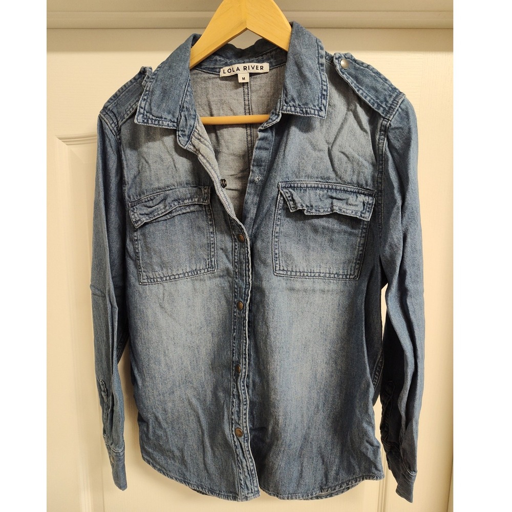 Lola River Womens Blue‎ Denim Chambray Button Down Shirt Snap Pockets Medium